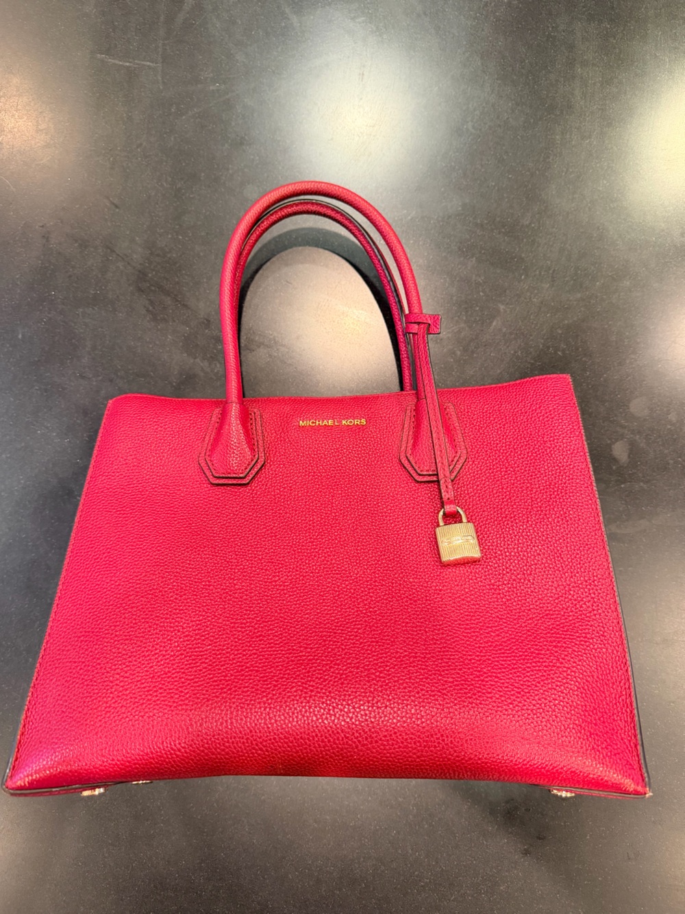 Michael Kors Bright Red Pebbled Leather Tote with Gold Lock